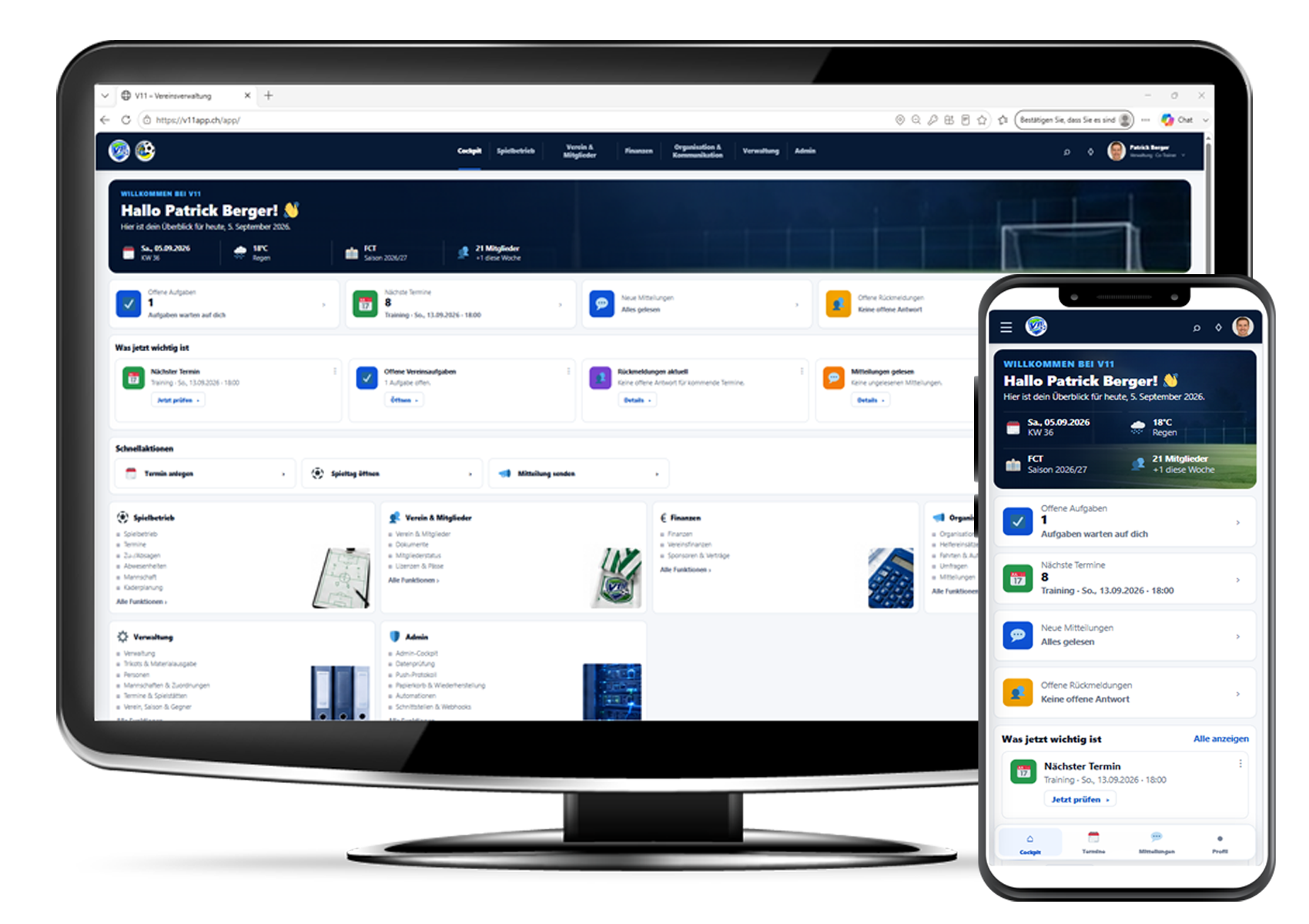 V11 Vereins-App auf Desktop und Smartphone